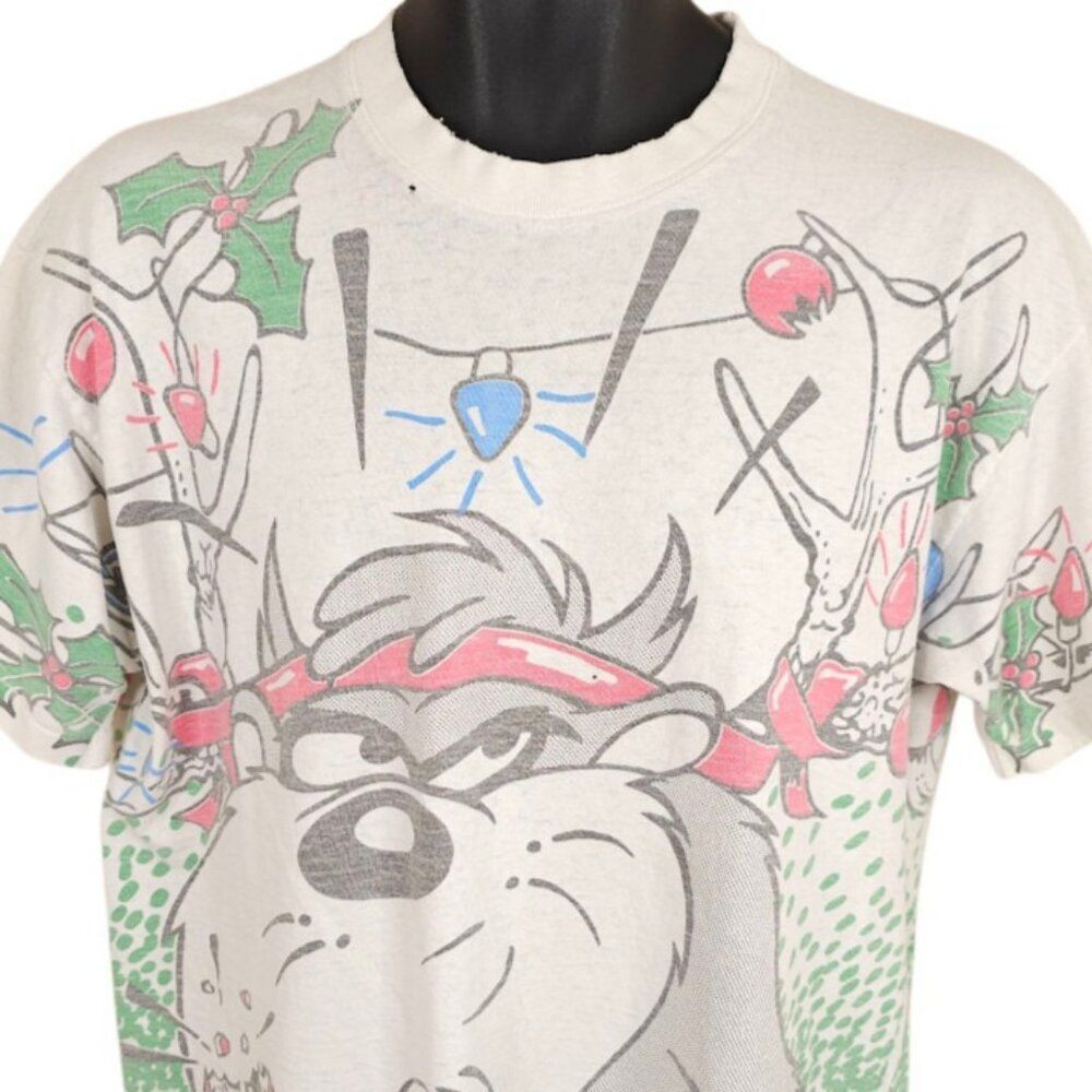 Vintage Taz Looney Tunes T Shirt Mens Size Large White 90s Christmas All Over